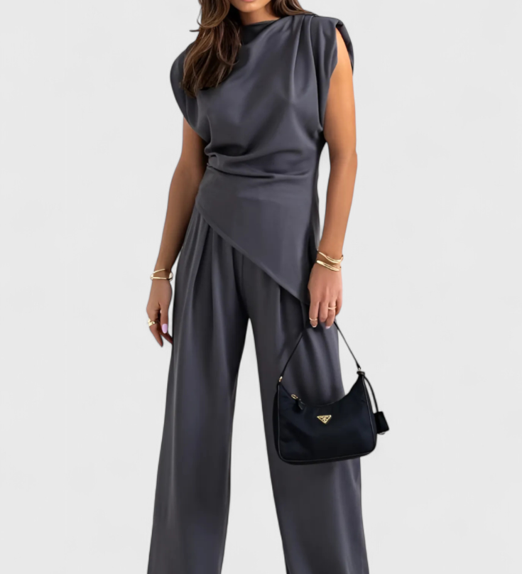 Sofia Asymmetrical Set with Draped Shoulders and Flared Pants