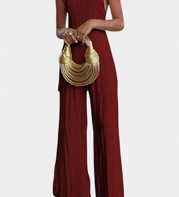Pilarica Halter Neck Asymmetrical Top with Wide-Leg Pants Set