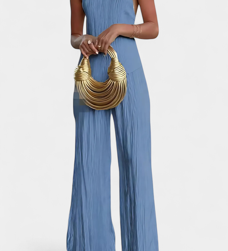 Pilarica Halter Neck Asymmetrical Top with Wide-Leg Pants Set