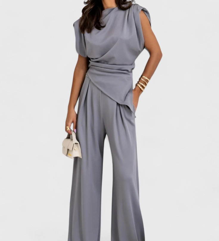 Sofia Asymmetrical Set with Draped Shoulders and Flared Pants