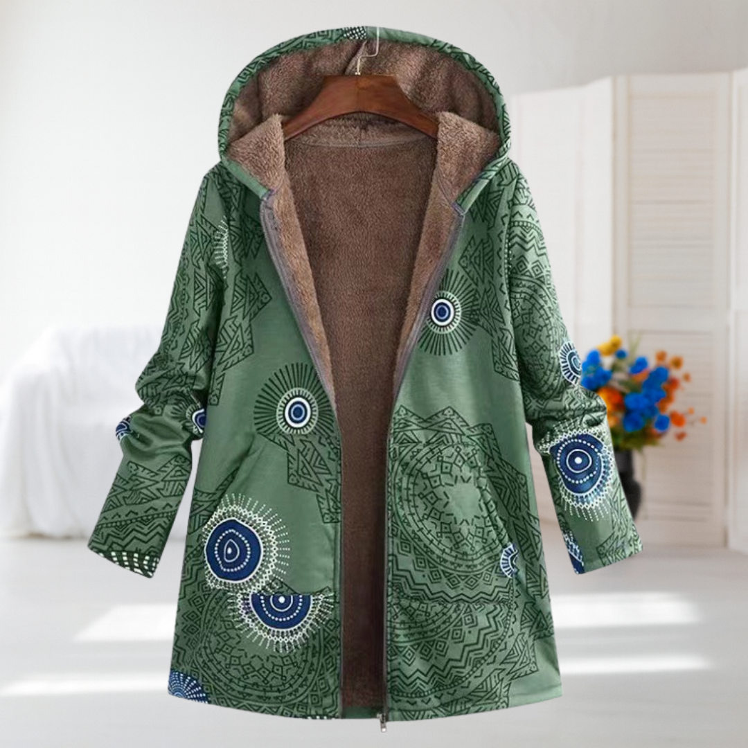 Grace | Green Patterned Hooded Fleece Jacket