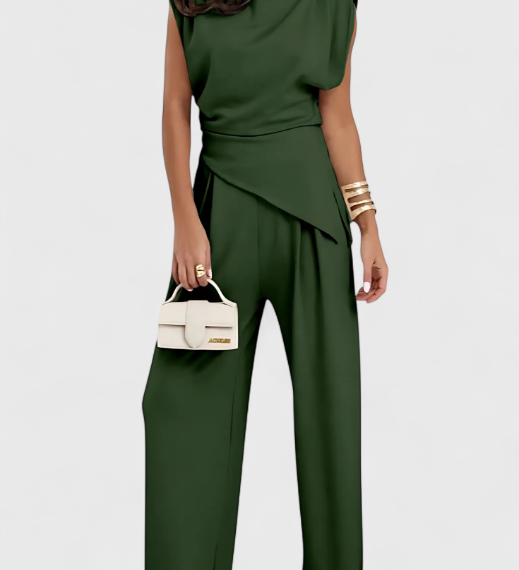 Sofia Asymmetrical Set with Draped Shoulders and Flared Pants