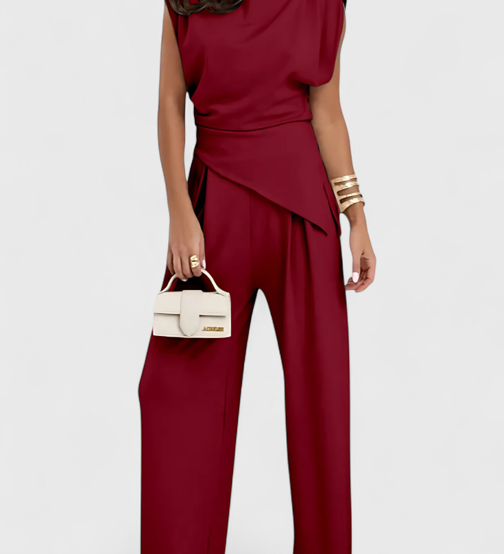 Sofia Asymmetrical Set with Draped Shoulders and Flared Pants