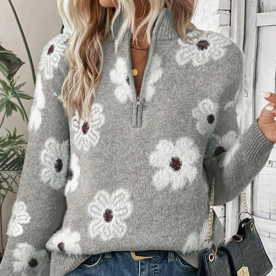 Judith | Floral Cable-Knit Quarter-Zip Sweater