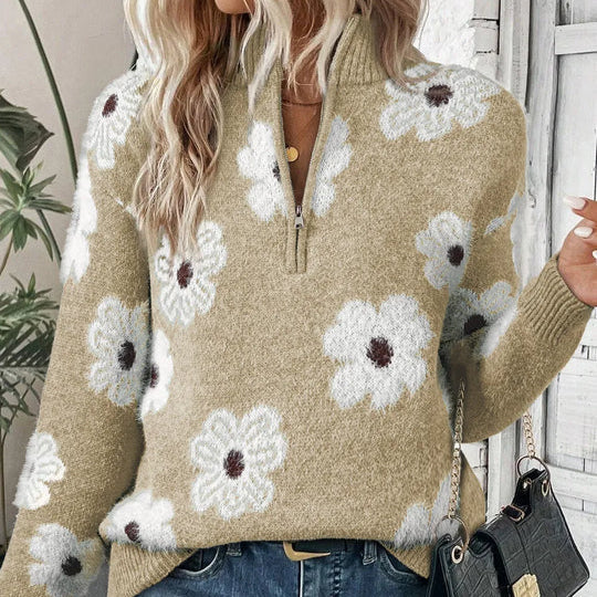 Judith | Floral Cable-Knit Quarter-Zip Sweater