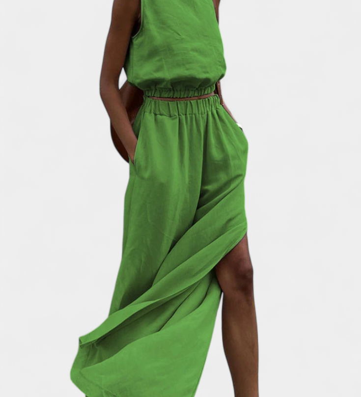 Portia Sleeveless Cotton-Linen Set with Wide-Leg Trousers