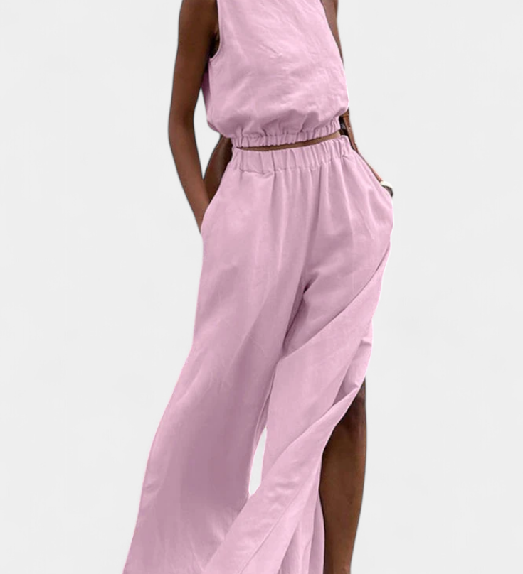 Portia Sleeveless Cotton-Linen Set with Wide-Leg Trousers