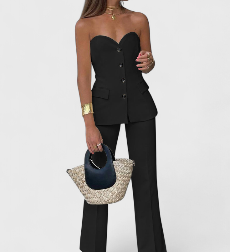 Paesha Sleeveless Minimalist Ensemble with Flared Trousers