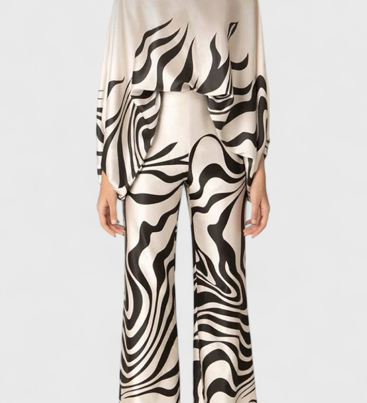 Artistic Print Off-the-Shoulder Top and Wide-Leg Pants Set by Sybella