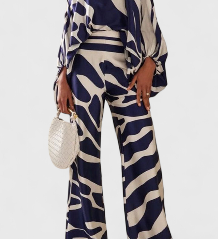 Artistic Print Off-the-Shoulder Top and Wide-Leg Pants Set by Sybella