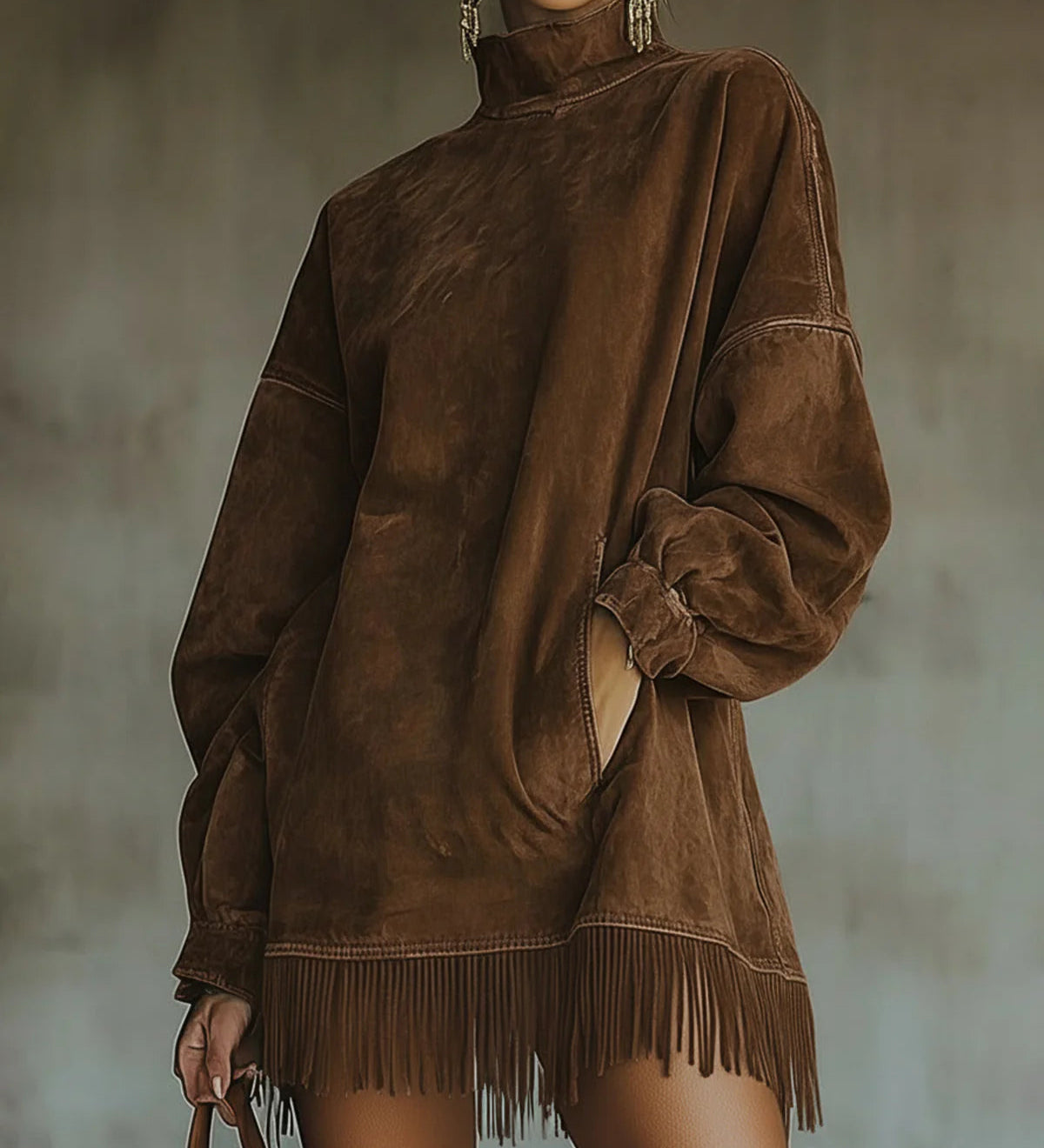 Gabriela | Suede Dress with High Neck and Fringe
