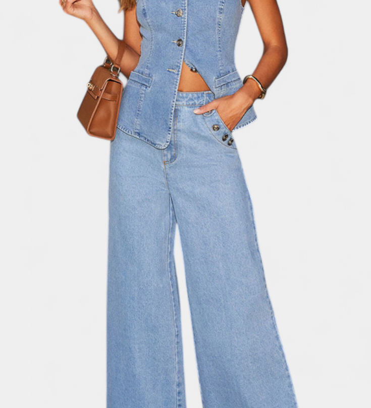 Ludovica Denim Set: Fitted Sleeveless Jacket & Wide-Leg Jeans