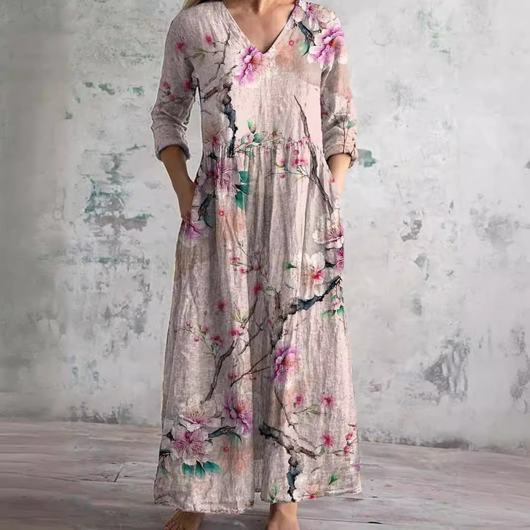 Dearyn | Maxi Dress with V-Neck and Floral Pattern