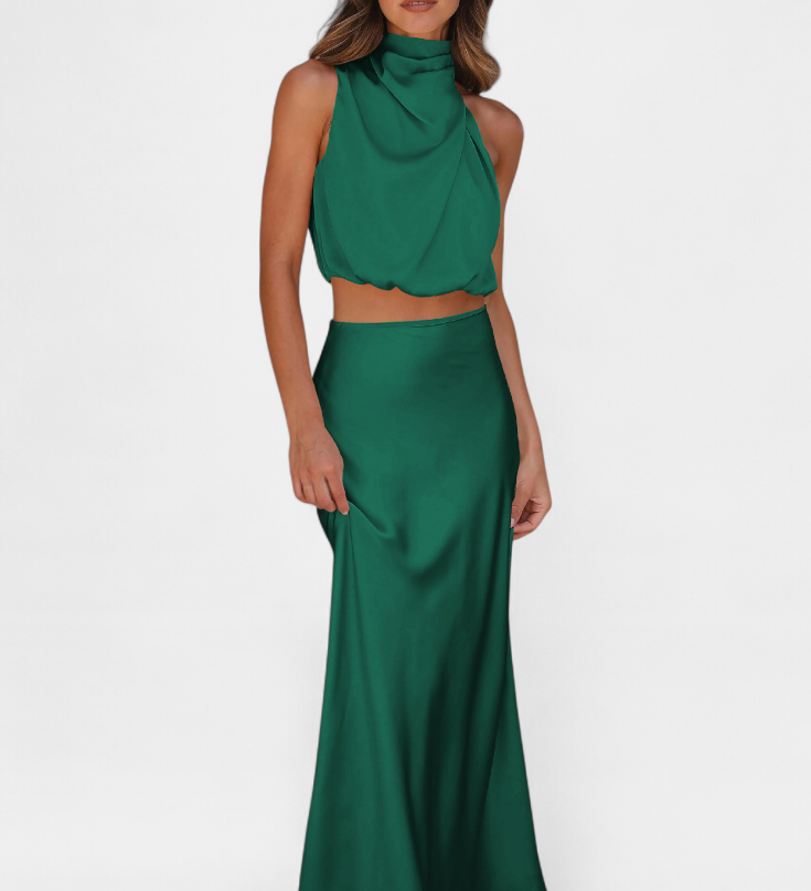 Hanna Two-Piece Draped Halter Neck Set with Open Back Design