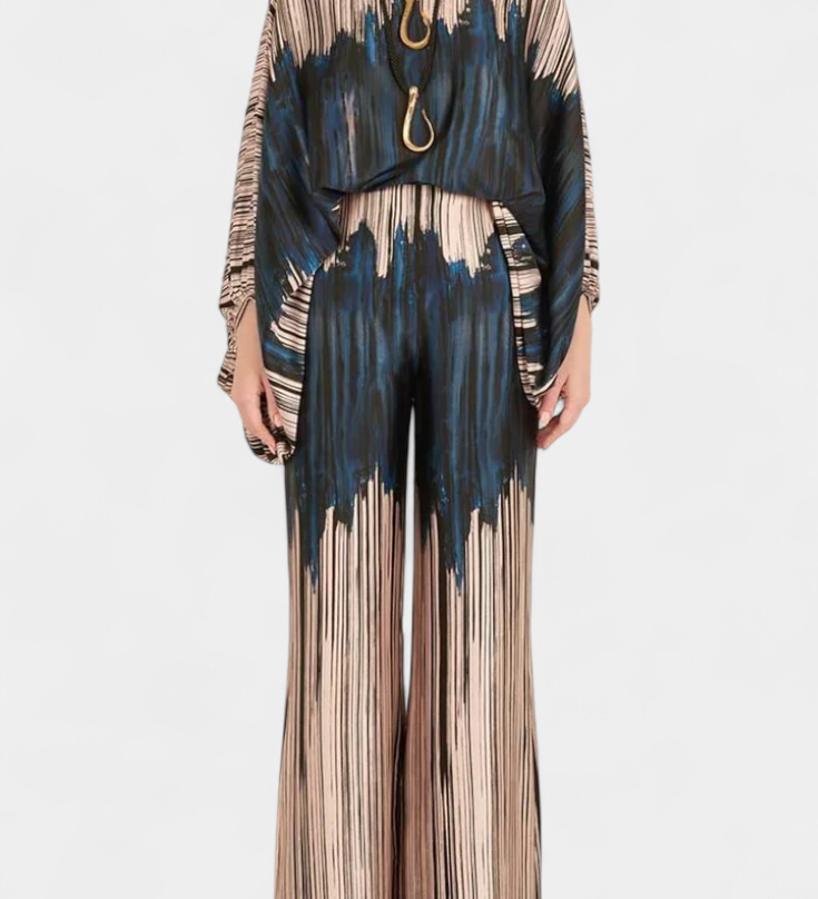 Artistic Print Off-the-Shoulder Top and Wide-Leg Pants Set by Sybella