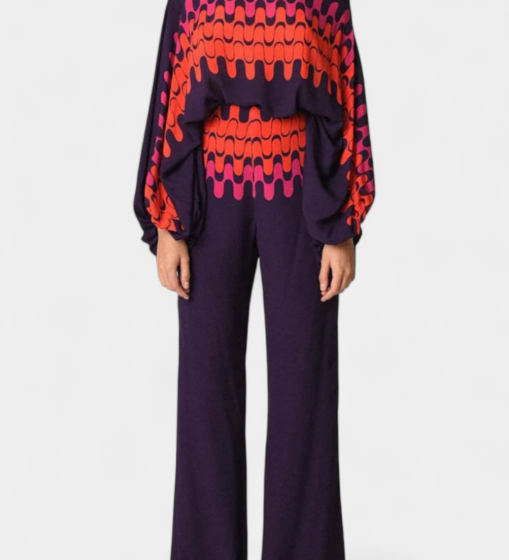 Artistic Print Off-the-Shoulder Top and Wide-Leg Pants Set by Sybella