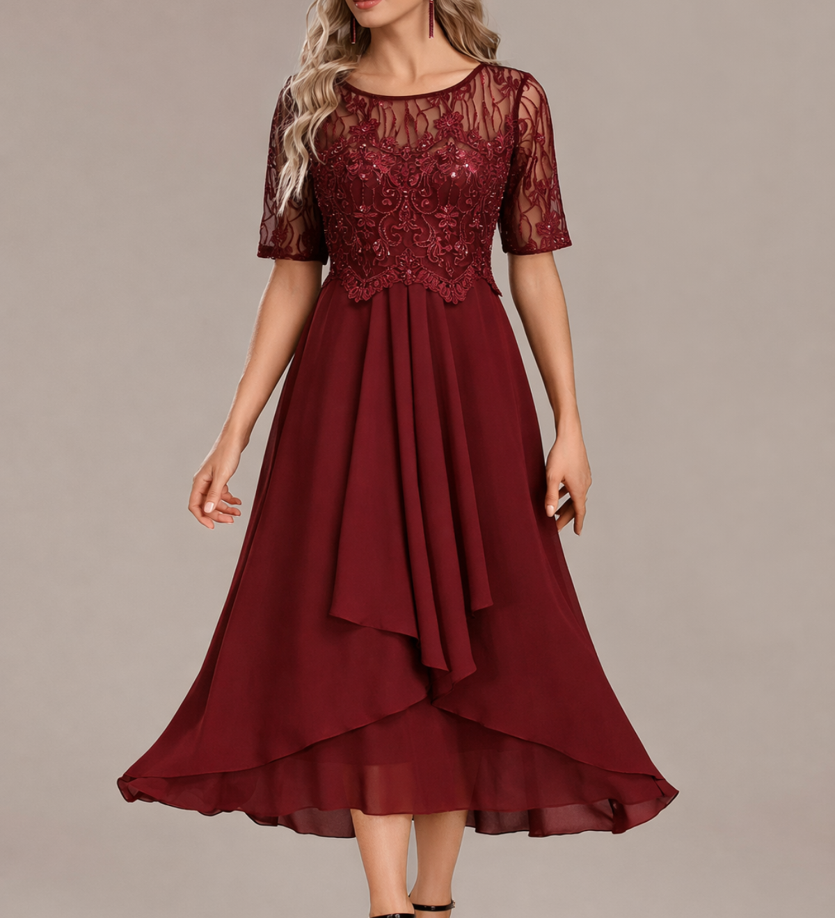 Sophie | Short Sleeve Round Neck Midi Dress