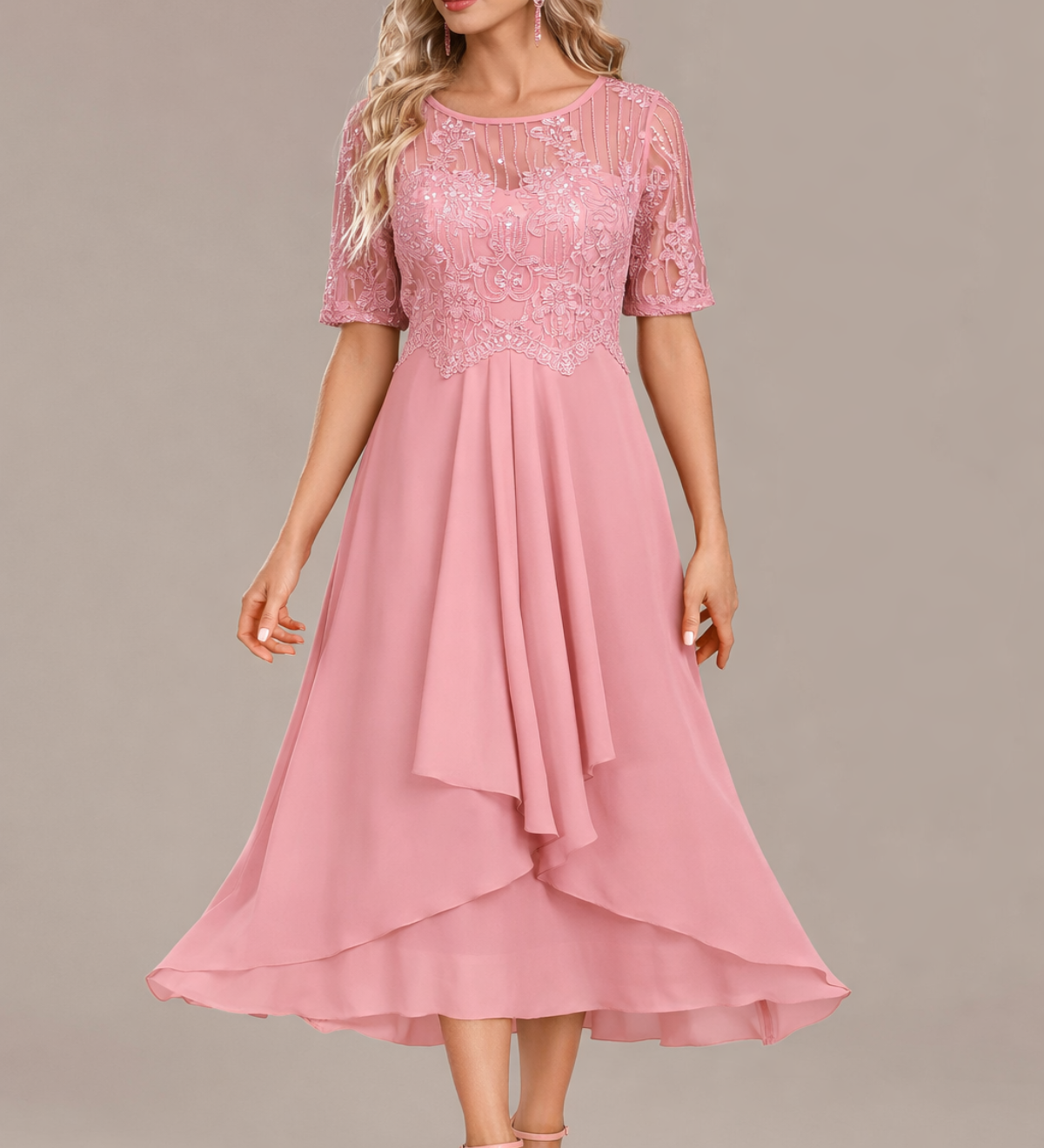 Sophie | Short Sleeve Round Neck Midi Dress