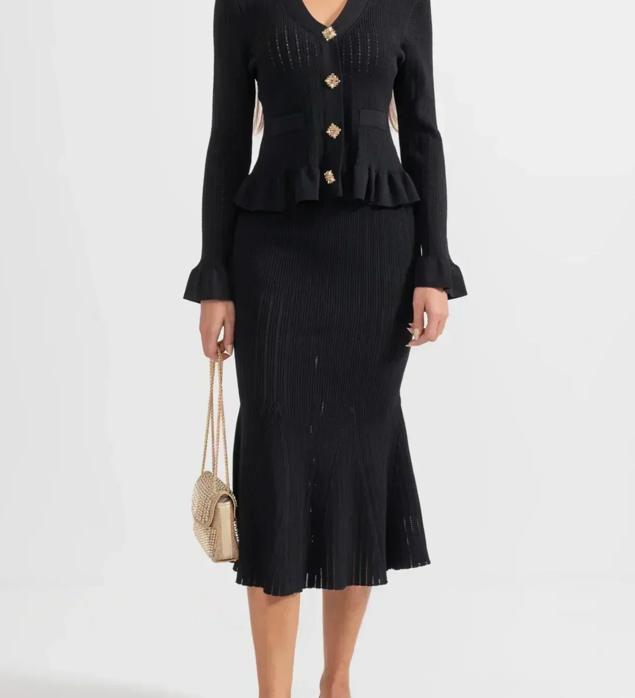 Prudence | Ruffled Cardigan and Flared Midi Skirt