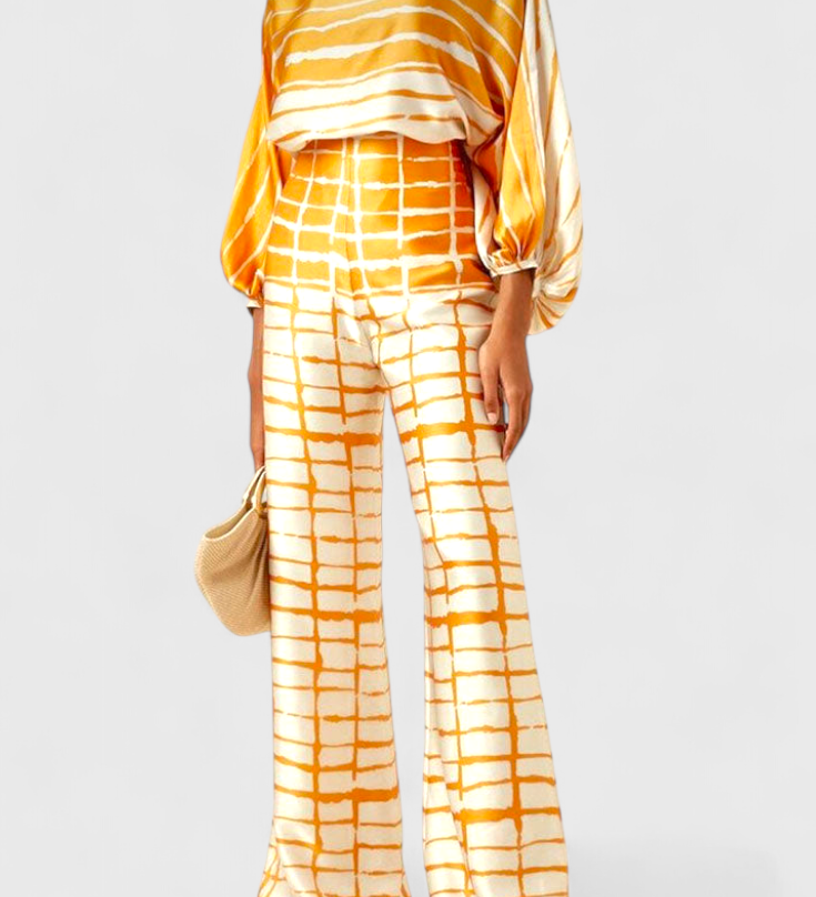 Artistic Print Off-the-Shoulder Top and Wide-Leg Pants Set by Sybella