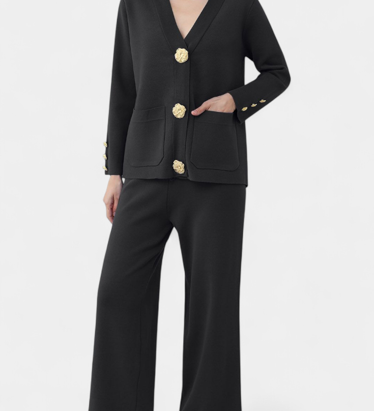 Aireen Classic Cardigan Set with Wide-Leg Trousers