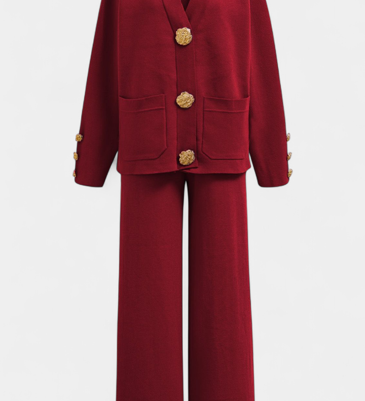 Aireen Classic Cardigan Set with Wide-Leg Trousers