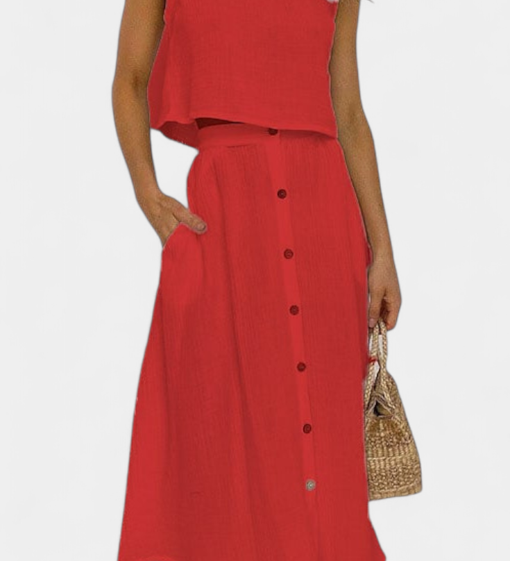Naha Casual Cotton Ensemble with Center Button Detail and Midi Skirt