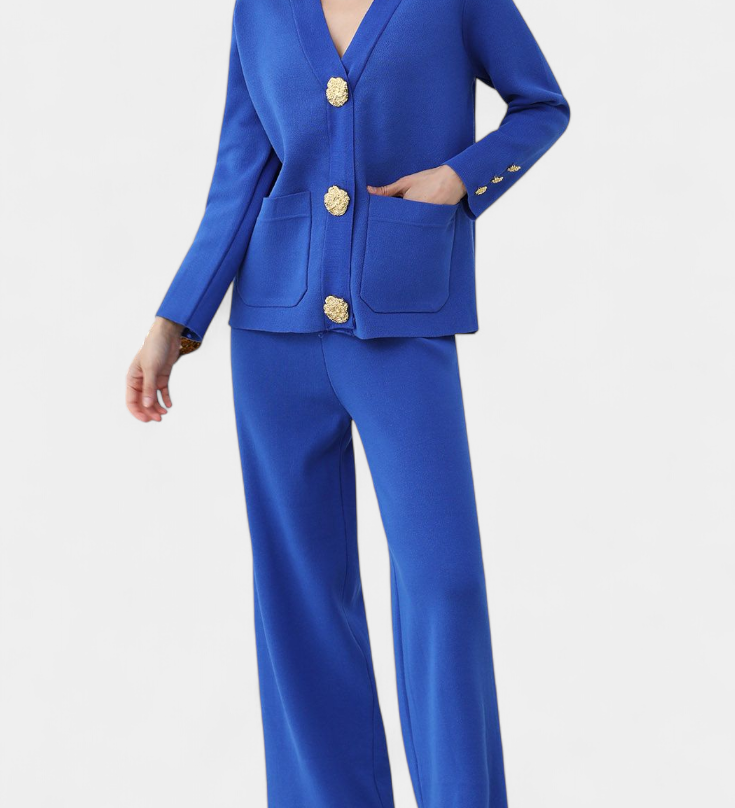 Aireen Classic Cardigan Set with Wide-Leg Trousers