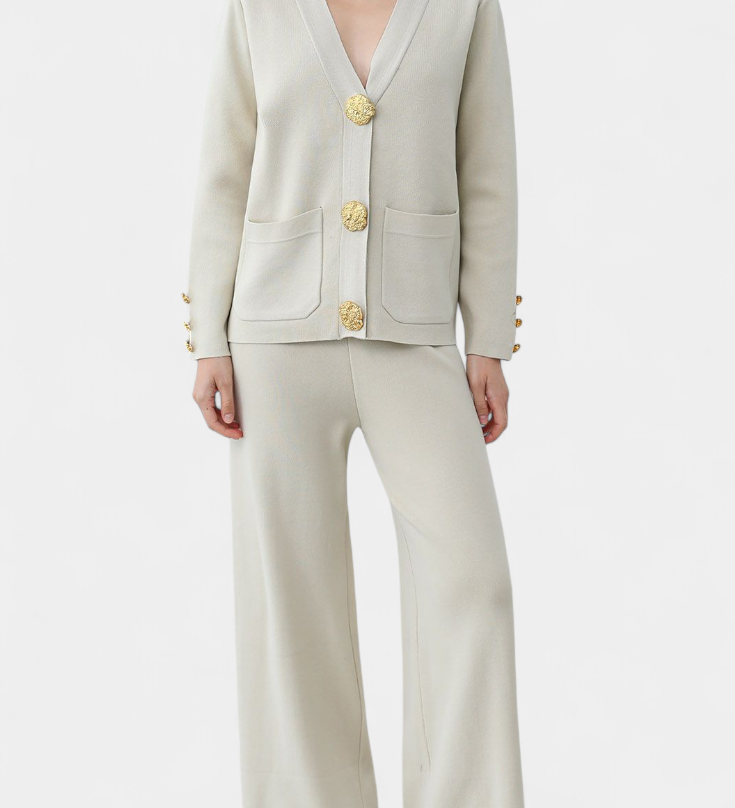 Aireen Classic Cardigan Set with Wide-Leg Trousers
