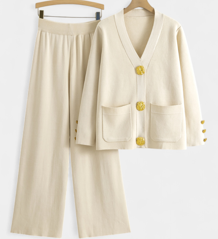 Aireen Classic Cardigan Set with Wide-Leg Trousers