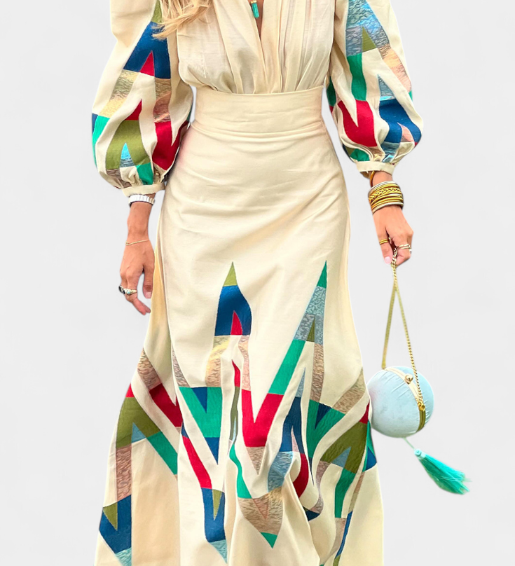 Avenza | Puff Sleeve & Chevron Print Skirt Set
