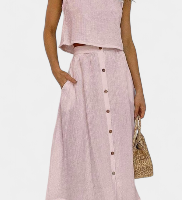 Naha Casual Cotton Ensemble with Center Button Detail and Midi Skirt