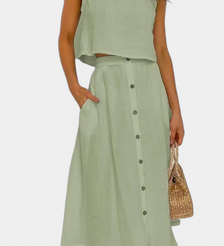Naha Casual Cotton Ensemble with Center Button Detail and Midi Skirt