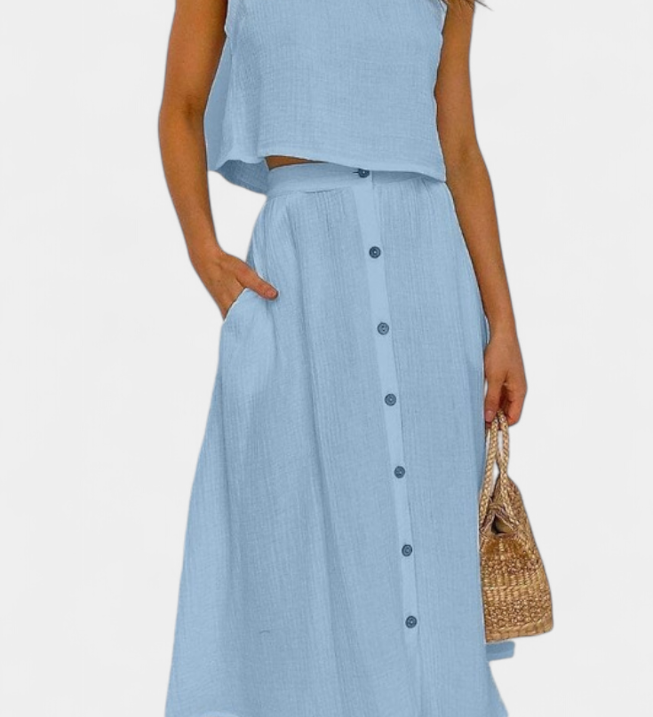 Naha Casual Cotton Ensemble with Center Button Detail and Midi Skirt