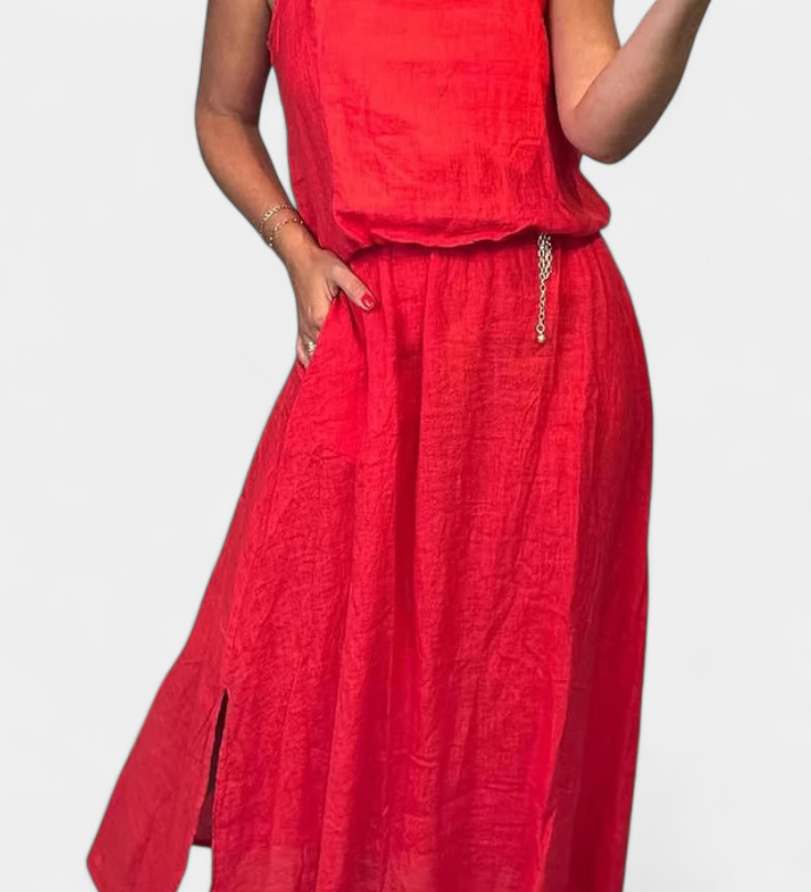 Meliora Linen-Cotton Set with Sleeveless Vest and Maxi Skirt