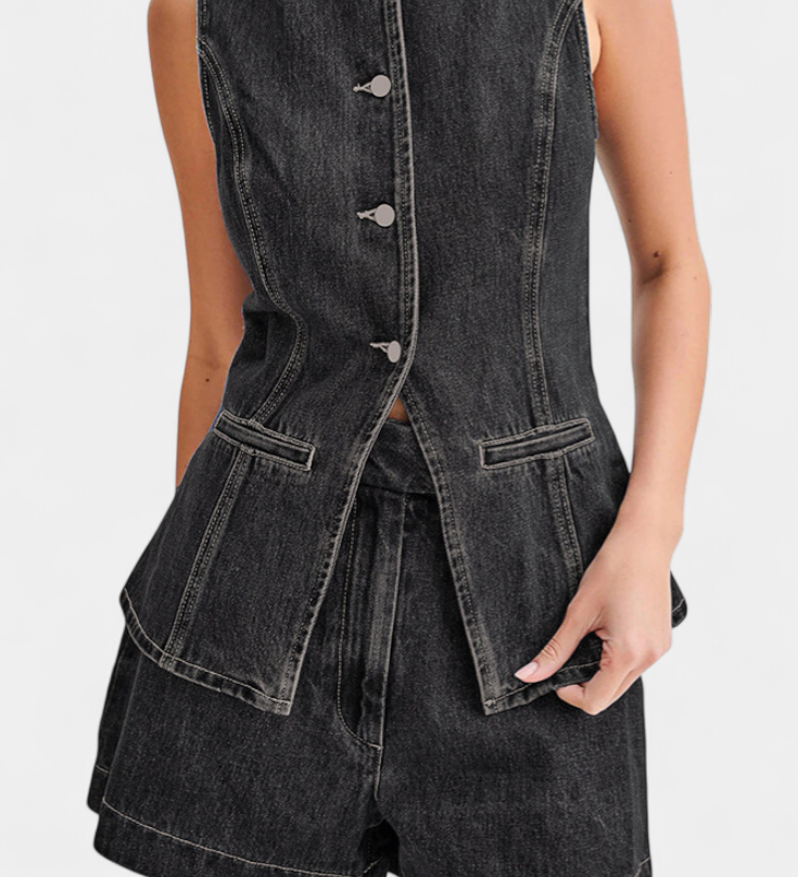 Raya Denim Ensemble: Sleeveless Jacket & High-Waisted Shorts