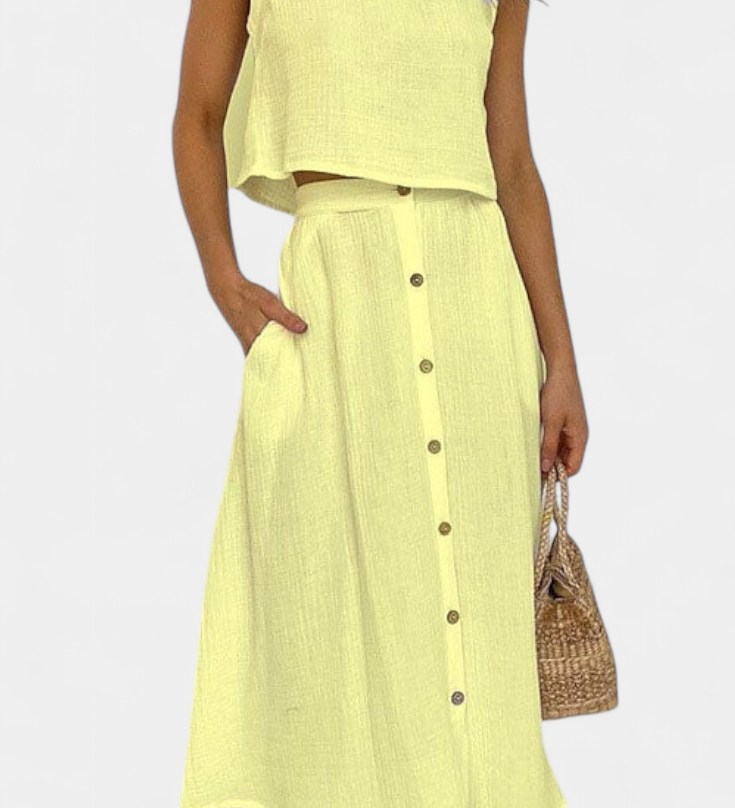 Naha Casual Cotton Ensemble with Center Button Detail and Midi Skirt